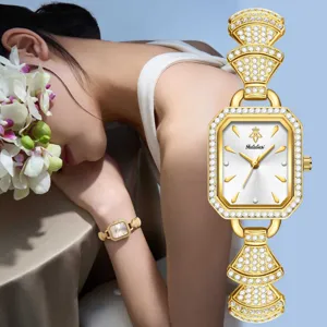 Luxury gold square watch for women with sparkling diamond paved fan strap and elegant dial.