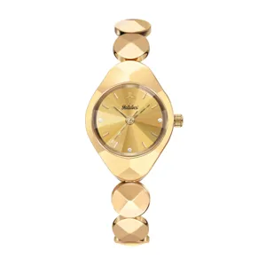 Exquisite gold women's watch with geometric bracelet, radiant dial and crystal markers.