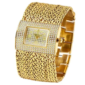 Luxus goldene Strass quadratisches Zifferblatt Mesh Armband Damen Quarzuhr römische Ziffern