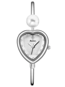 Detail shot of silver heart-shaped bangle watch with pearl accent and diamond hour markers.