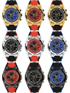 Detalle reloj de cuarzo para hombre con varias opciones de color correa de silicona y cronógrafo.