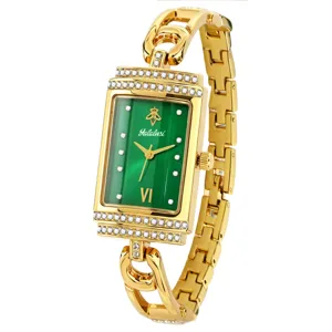 Luxury women's quartz watch with green rectangular dial, rhinestones and chic chain bracelet.