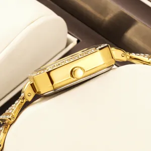 Luxury gold square watch for women with sparkling rhinestones, elegant dress wristwatch.