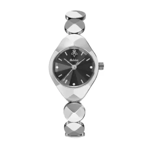 Silver faceted chain women quartz watch detail, stylish geometric design dark dial.