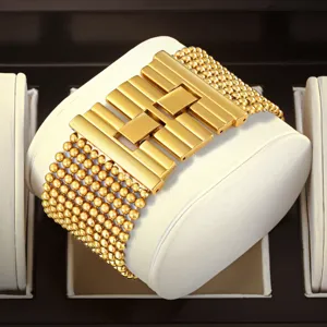 Gold bead mesh cuff bracelet watch luxury geometric bar design chic fashion accessory