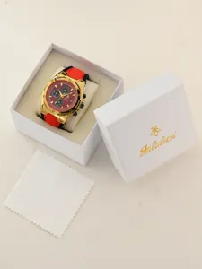 Reloj de cuarzo de lujo para hombre con esfera roja, caja dorada y correa, estuche.