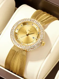 Detail shot of women's gold luxury watch, crystal bezel and woven mesh metal strap.
