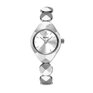 Women's silver quartz fashion watch with unique geometric faceted link bracelet and crystal dial markers.