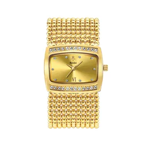 Luxury gold quartz women watch with sparkling crystals and elegant beaded mesh strap main view.
