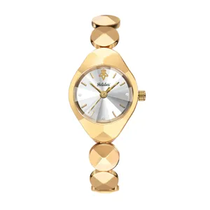 Women's luxury gold-plated quartz watch with unique geometric faceted strap and dial.