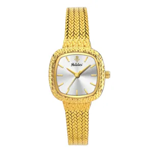 Detailansicht Yalalusi Damenarmbanduhr, goldenes Mesh-Armband, silbernes Zifferblatt, schick.