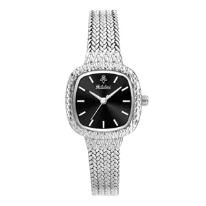 Silberne Damen Quarzuhr Detail, schwarzes Zifferblatt mit geflochtenem Armband, elegant.