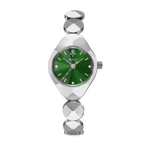 Women's luxury quartz watch featuring a geometric silver bracelet and green dial.