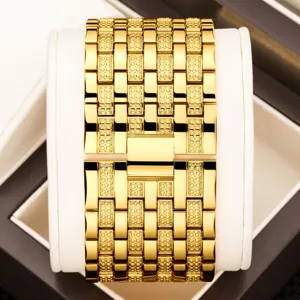 Correa de reloj de metal dorado de lujo para mujer, elegante brazalete de cadena texturizada.