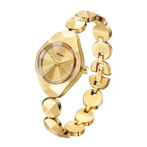Luxury gold women quartz watch with unique geometric link bracelet and sparkling crystal dial.