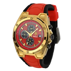 Reloj Cuarzo Lujo Hombre Yalalusi Caja Dorada Correa Silicona Roja Cronografo Deporte