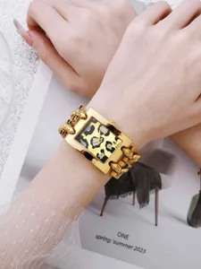 yalalusi goldene quadratische Quarzuhr Luxus Leopardenmuster Zifferblatt Doppelketten Armband