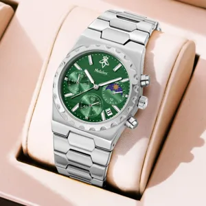Men's quartz watch with green dial stainless steel strap luxury business multifunction wristwatch