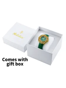 Luxury green dial women watch with floral bezel and green leather strap in gift box.