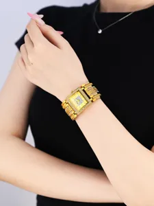 Luxus goldene quadratische Damenuhr mit diamantbesetztem Zifferblatt und breitem Armband