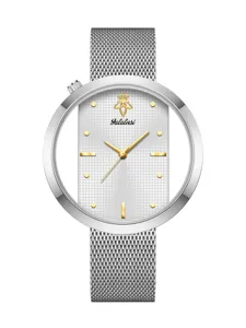 Stylish women quartz watch with unique hollow dial and silver mesh strap elegance.