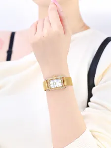 Elegant gold square quartz watch for women with sparkling rhinestones and mesh strap details.