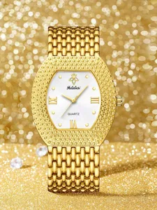 Gold tonneau quartz watch for women with rhinestone paved dial and stylish metal strap bracelet.
