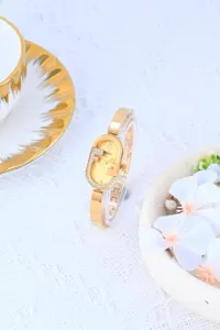 Elegante reloj de mujer dorado con pequeña esfera ovalada de diamantes y correa de acero fina.