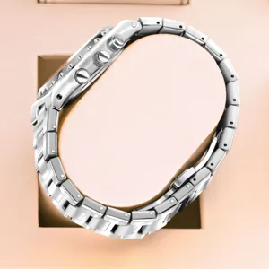 Men stainless steel quartz watch detail shot, luxury sports metal bracelet link close view.