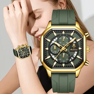 Reloj de cuarzo multifunción para hombre Yalalusi con elegante esfera cuadrada y correa de silicona.