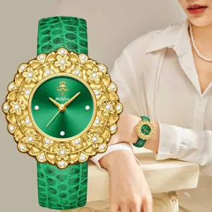 Women Luxury Quartz Watch Rhinestone Flower Bezel Leather Strap Emerald Dial Elegant Wristwatch