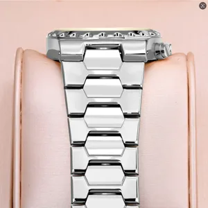 Men's luxury quartz watch silver stainless steel metal link bracelet detail closeup