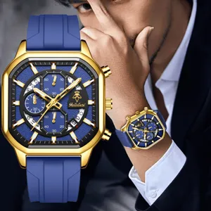 Reloj deportivo multifuncion de lujo para hombre Yalalusi con caja dorada y correa silicona.