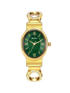 Luxury gold women bracelet watch with oval green dial, minimalist roman numerals and rhinestones.