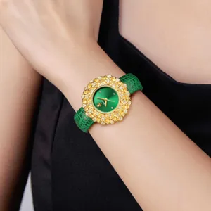 Luxury green dial women watch with gold floral diamond bezel and leather strap main image.