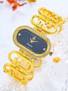 Luxury gold oval quartz women watch with rhinestones hollow metal strap elegant timepiece