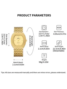 Detailed dimension parameter chart showing watch dial size, thickness, band length and weight.