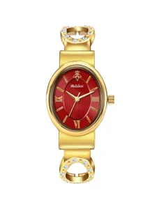 Stunning gold women watch with red oval dial, crystal cuff bracelet luxury quartz timepiece.