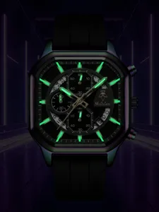 Reloj de cuarzo multifunción luminoso para hombre con caja colorida y correa de silicona negra.