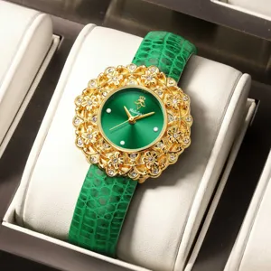 Luxury women watch green leather strap emerald dial rhinestone floral bezel elegant gift