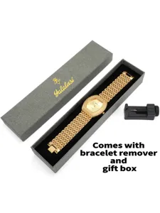 Yalalusi gold tonneau quartz watch with full diamonds, mesh strap, gift box and tool.