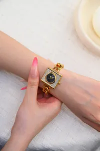 Reloj de cuarzo mujer lujo esfera cuadrada con pedreria y correa de cadena elegante