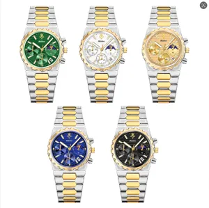 Men's quartz watch luxury business stainless steel two-tone chronograph moonphase wristwatch
