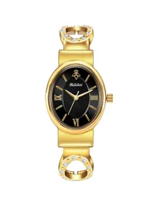 Elegant gold women bracelet watch with black oval dial and sparkling crystal details.