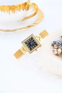 Women vintage square quartz watch with rhinestone bezel gold mesh strap elegant wristwatch