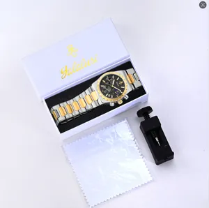 Men's luxury quartz watch with two-tone metal strap and multi-function dial design.