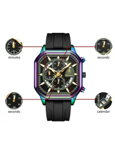 Reloj de cuarzo multifuncional Yalalusi con caja arcoiris y esfera verde en detalle.
