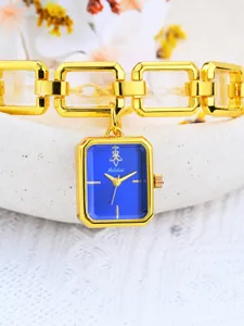Lujo oro rectangular esfera azul reloj pulsera con cadena hueca colgante de moda mujer