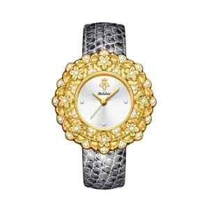 Yalalusi luxury women watch with baroque floral gold dial and snakeskin leather strap.
