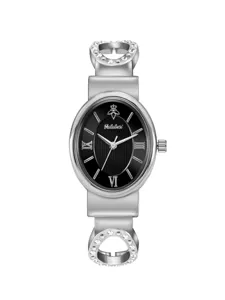 Elegant silver women quartz watch with oval black dial roman numerals rhinestone bracelet.